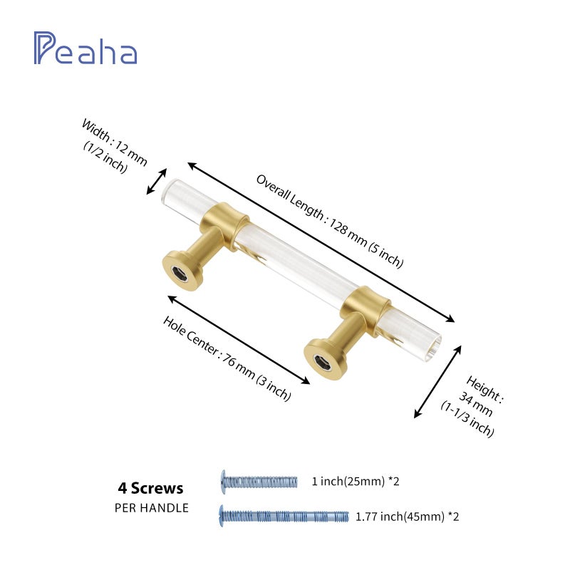 Peaha 10 Pack 3 Inch Acrylic Cabinet Pulls Gold Drawer Handles Brushed Brass Hardware Zinc Alloy for Dresser Cupboard Kitchen - Image 2
